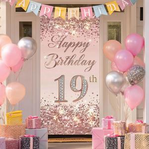 19th Birthday Door Cover 71x35 Inch Elegant Rose Gold Glitter Happy Birthday Banner for Girls Sparkling Diamond Number Nineteenth Milestone Celebration Party Photo Booth Prop Wall Decor