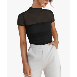 REORIA Women's Sexy Mock Turtle Neck Short Sleeve Shirts Sheer Mesh Ruched Trendy Going Out Bodysuits Top XL