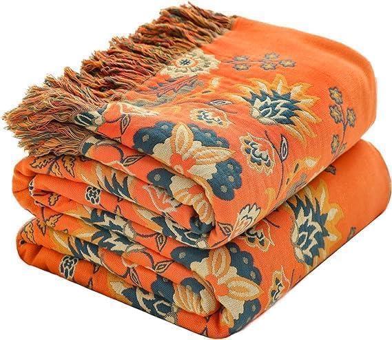 Throw Blanket for Couch Bed Chair,100% Cotton Soft Lightweight Blanket Rustic Quilt -Orange Floral Printed Farmhouse Decor Bed All Season Blankets,90"x98"