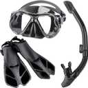 Scuba Diving Equipment Packages Including Adjustable Swimming Fins/Flippers + Automatic Breathing Tube + Tempered Glass Lens Snorkeling Mask Snorkel Set