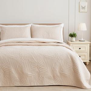 Exclusivo Mezcla California King Quilt Bedding Set, Lightweight Brich Beige Quilts Cal Oversized King Size for All Seasons, Soft Microfiber Bedspreads Coverlets with Leaf Pattern, 3 Piece (Cal King (112''X104''))