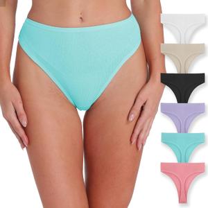 Women's High Waisted Ribbed Cotton Thongs Stretchy Sport Panties High Cut Breathable Underwear 6-Pack (X-Large)