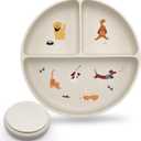 Silicone Suction Plates with Dividers - Grip Plates for Babies 6-12 Months and Toddlers 1-3, Toddler and Baby Dishes, Baby Led Weaning Essentials, Dishwasher Safe (Beige - Dogs and Cats) 