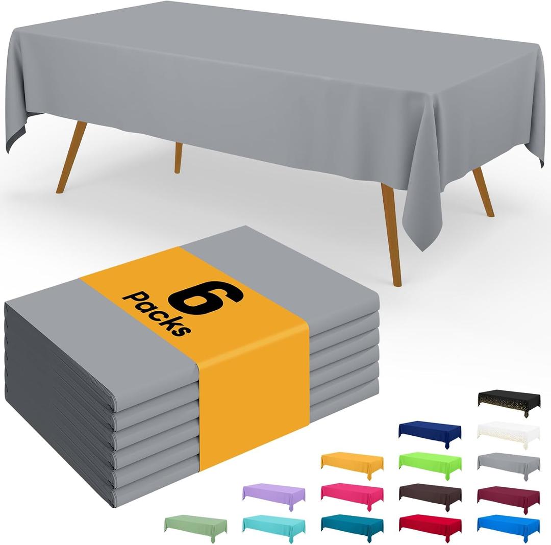 Smiry Disposable Table Cloth - 6 Pack, 54 x 108 Inch Waterproof Rectangle Tablecloths for Parties, Decorative Plastic Table Cover, Leakproof & Sturdy, Grey