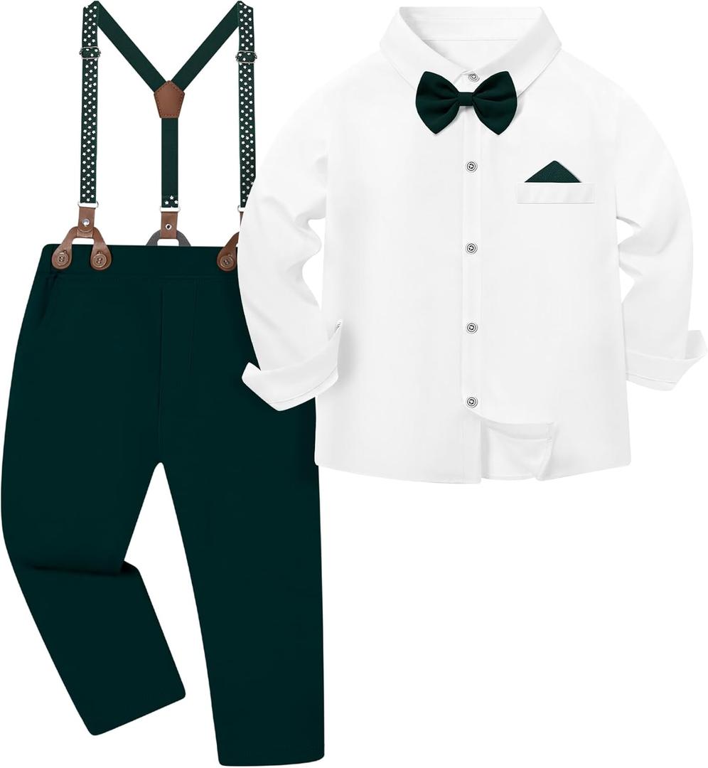DISAUR Boys Wedding Outfit Christmas Clothes Suit Gentleman Wedding Set Formal Bowtie+Suspender Pants Fall Green White, 7-8 Years