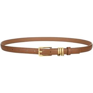 XZQTIVE Women Skinny Leather Belt Ladies Brown Thin Waist Belt for Dresses Jeans Pants with Gold Buckle and Metal Loops