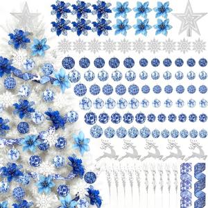 RoundFunny 106 Pcs Blue and White Winter Tree Decorations Set Chinoiserie Christmas Ball Snowflake Ornament Star Tree Topper Ribbon Glitter Blue Artificial Poinsettia Silver Berry Stems for Xmas Trees