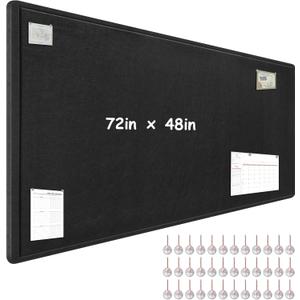 Large Bulletin Board - 72 x 48 Inches, Foldable Decorative Felt Board for Wall Photo Display Board with Self-Adhesive Tape, Includes 36 Push Pins - Black