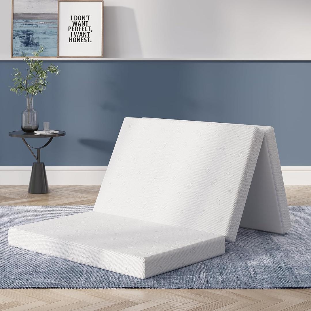 Avenco Tri-fold Mattress - 4 Inch Twin XL Size Portable Floor Mattress with Breathable & Washable Cover | Foldable Memory Foam Topper for Guest Room,RV,Travel,Camping,White