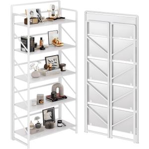 JSB No Assembly Folding Bookshelf, 5 Tier Industrial Metal Book Shelf for Storage, Vintage Wood Foldable Bookcase for Living Room, Bedroom, Office Organization Shelves
