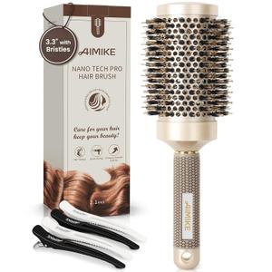 AIMIKE Round Hair Brush, Nano Thermal Ceramic & Ionic Tech, 2.1 Inch Barrel with Boar Bristles for Enhanced Texture, Golden, Hair Drying, Styling, Curling and Shine + 4 Free Clips, 53mm-2.1 Inch Brush