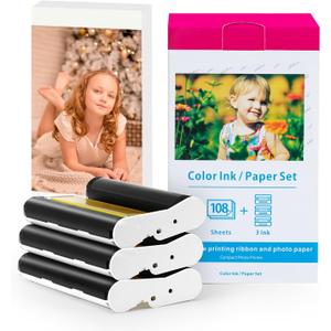 Replacement for Selphy CP1300 CP1500 Photo Paper and Cartridge, KP-108IN108 3115B001(AA) Postcards for Canon Selphy CP820 CP1200 CP910 CP780 Photo Printer, 3 Cartridges+108 Photo Paper (100 Pcs) x 148mm)