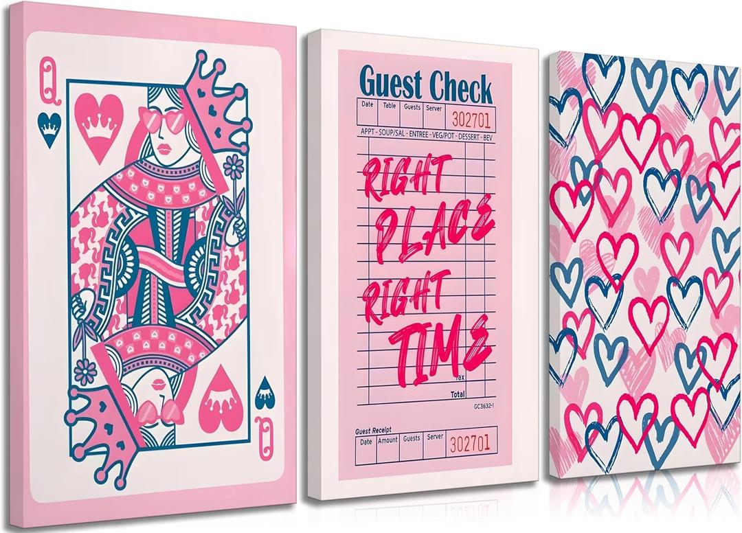 3 Pieces Modern Aesthetic Pink Queen Hearts Canvas Wall Art Retro Funky Preppy Paintings Playing Card Pictures Wall Decor Posters Prints for Living Room Girly Bedroom Dorm Office Decoration