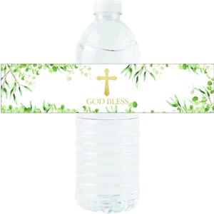 36 Pack of Greenery Style God Bless Water Bottle Label Stickers for Religious Party, Baptism, Confirmation, Christening, First Communion, Birthday Party Wedding Baby Shower Decoration