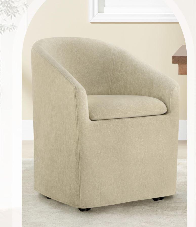 Upholstered Dining Chair with Casters, Barrel Backrest & Dual Armrest, Washable Cover, Sand Fabric – 1 PC Only