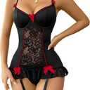 Lilosy Sexy Stocking Garter Belt Bows Floral Lace Babydoll Corset Push Up Teddy Lingerie Set with Panty (XX-Large, Black and Red)