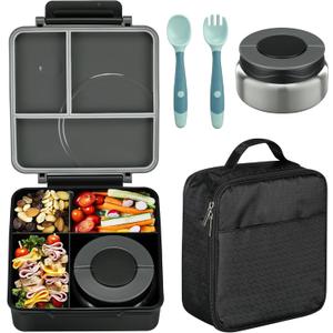 Bento Lunch Box Set for Kids with 8oz Soup Thermo, Leak-Proof Lunch Containers with 4 Compartment, Kids Thermo Hot Food Jar and Insulated Lunch Bag for Kid to School-Black