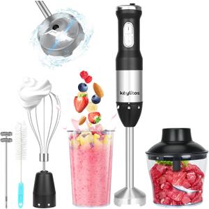 Keylitos 5 in 1 Immersion Hand Blender Mixer, [Upgraded] Handheld Stick Blender with 600ML Chopper, 800ML Beaker, Whisk and Milk Frother for Smoothie, Baby Food, Sauces Red,Puree, Soup (Black)