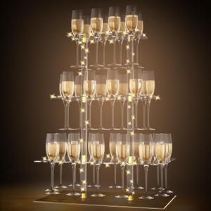 Champagne Display Holder Stand for Party With 32 Slots, Cocktail Tree Stand for Drinks 3 Tier Clear Acrylic Wine Glass Stemware Display Rack, Champagne Flute Wall Holder with Led Light for Party