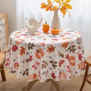 2 x Thanksgiving Waterproof Tablecloth  Fall Harvest Pumpkins, Maple Leaves & Berries Print  Autumn Rectangle Table Cover for Dining or Party, White, 60" Round