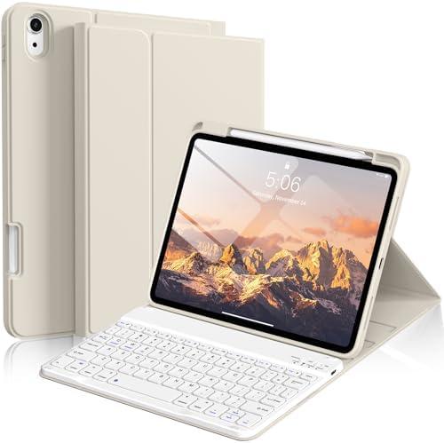 kenke for iPad Air 11 Inch M3/M2 (2025/2024), iPad Air 5/4th Gen (2022/2020) 10.9 Inch Case with Keyboard, Detachable Wireless Bluetooth Keyboard Cover with Right Side Pencil Holder & Groove (Cream)