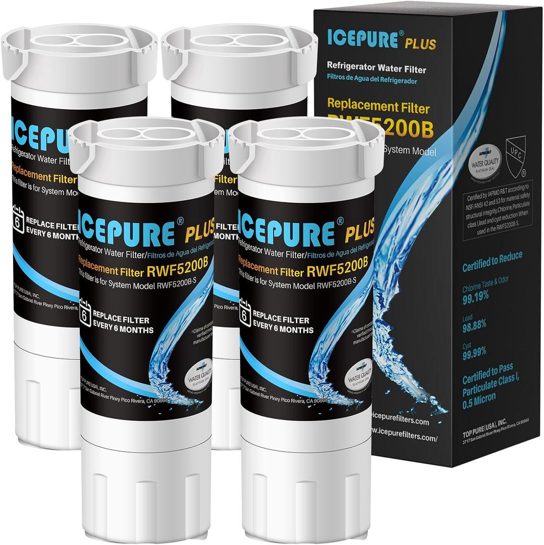 ICEPURE PLUS RWF5200B NSF/ANSI 53 Certified Refrigerator Water Filter Replacement for GE XWF ( ), WR17X30702, GBE21 GDE21 GDE25 GFE24 GFE26 GNE21 GNE25 GNE27 GYE18, 4PACK