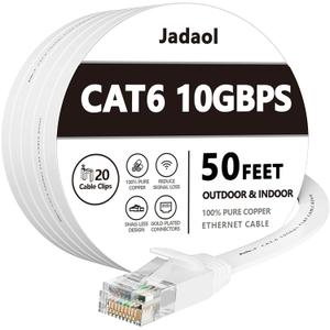 Jadaol Cat 6 Ethernet Cable 50 ft, Outdoor & Indoor 10Gbps Support Cat8 Cat7 Network, Flat RJ45 Internet LAN Computer Patch Cable for Router, Modem, Switch, Gaming Consoles, Streaming Devices, White (50ft)