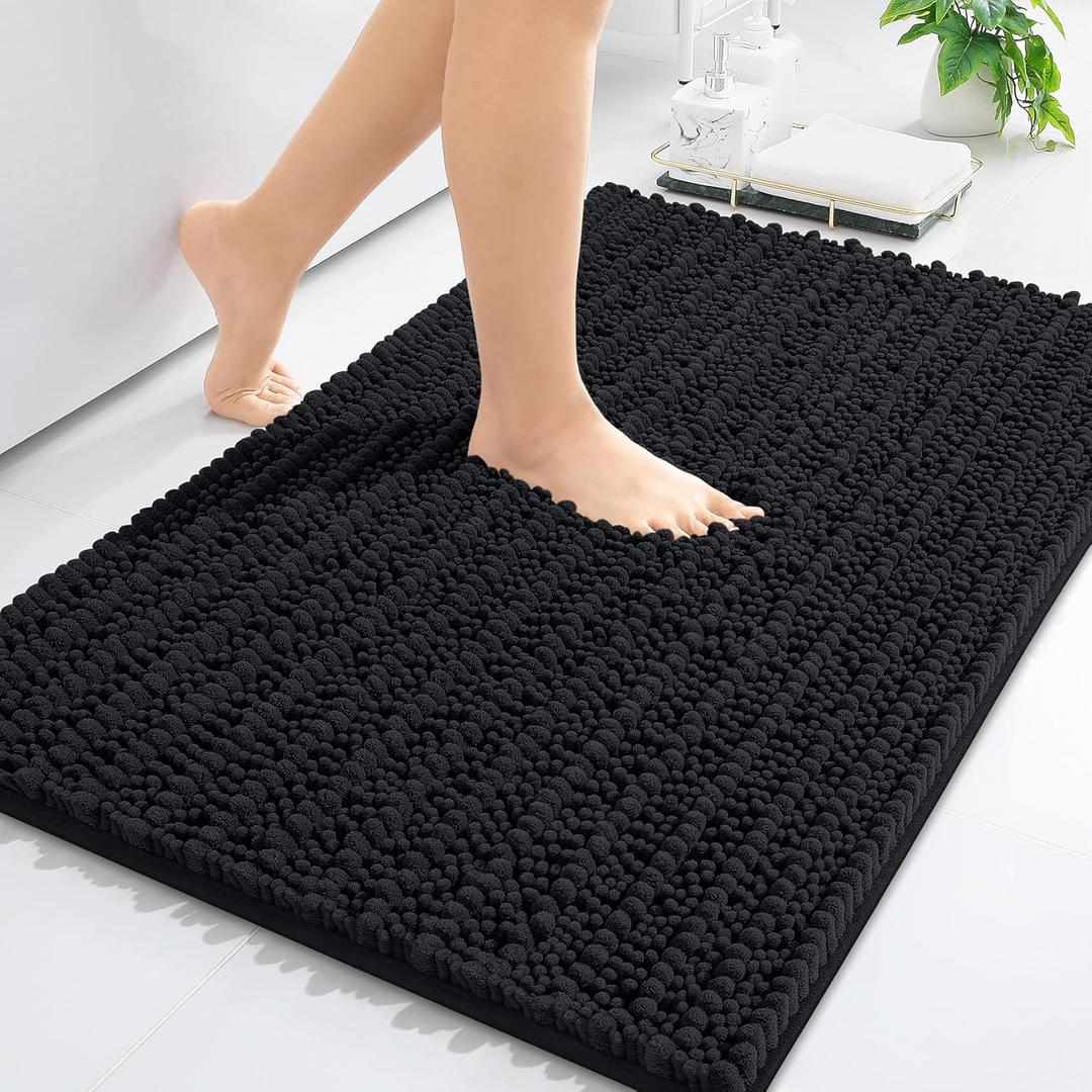 Arotive Luxury Chenille Bathroom Rug Mat, Extra Soft Thick Absorbent Shaggy Bath Rugs, Non-Slip Machine Wash Dry, Plush Bath Mats for Bathroom, Shower and Tub, 30x20, Black