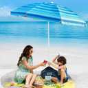 OutdoorMaster Beach Umbrellas for Sand with Sandbag & Anchor, 6.5ft Adjustable Umbrella for Beach Heavy Duty Wind, Portable UPF50+ Sunshade with Carry Bag for Patio, Light Blue Striped, Color A04 Light Blue Striped