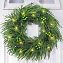 24 Inch Christmas Wreaths for Front Door, Real Touch Norfolk Pine Wreath Large Christmas Wreath with Lights, Winter Wreaths Christmas for Outdoor Indoor Windows Xmas Decor (1 Pack, Green)