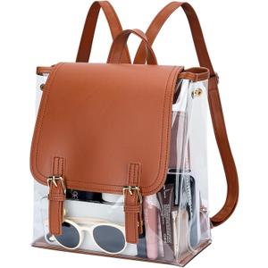 KKXIU Girls Clear Backpack Stadium Approved Transparent PVC Women Clear Bookbag with Leather for Sports Event, Concert (Brown)
