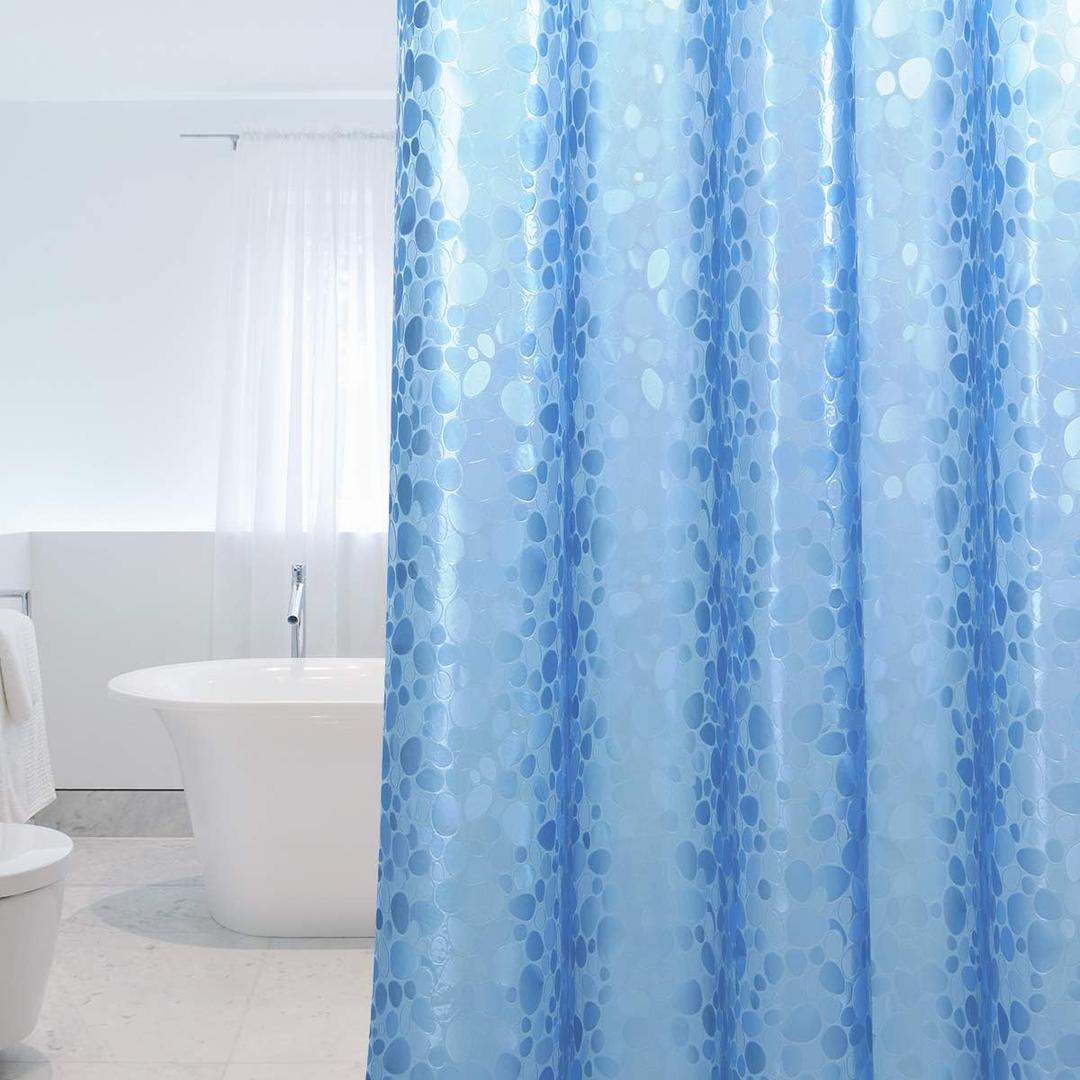 WELTRXE EVA 8G Shower Curtain Liner, 72x72 Inch 3D Blue Pebble Heavy Duty Waterproof Bathroom Shower Liner with Weighted Magnets Thick Clear Plastic Shower Curtains for Shower Stall, Bathtub, 12 Hooks