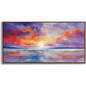 DUNHUANG ART Vibrant Ocean Sunset Canvas Wall Art - Beach Decor & Sunrise Poster - Red Scenery Poster for Living Room & Bathroom - 24"x48"