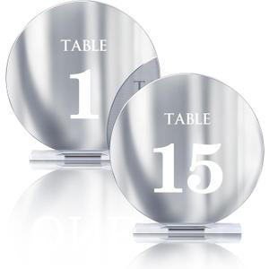 Acrylic Wedding Table Numbers 1-15 with Stands,4.8"Round Mirror Silver Table Number Signs and Holders for Wedding Reception, Party, Event, Centerpiece Decoration