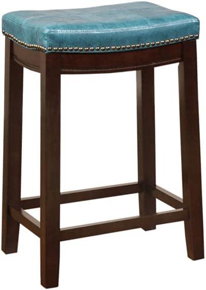 Linon Claridge Backless Counter Stool Blue Faux Leather Wood Frame in Dark Brown, unspecified