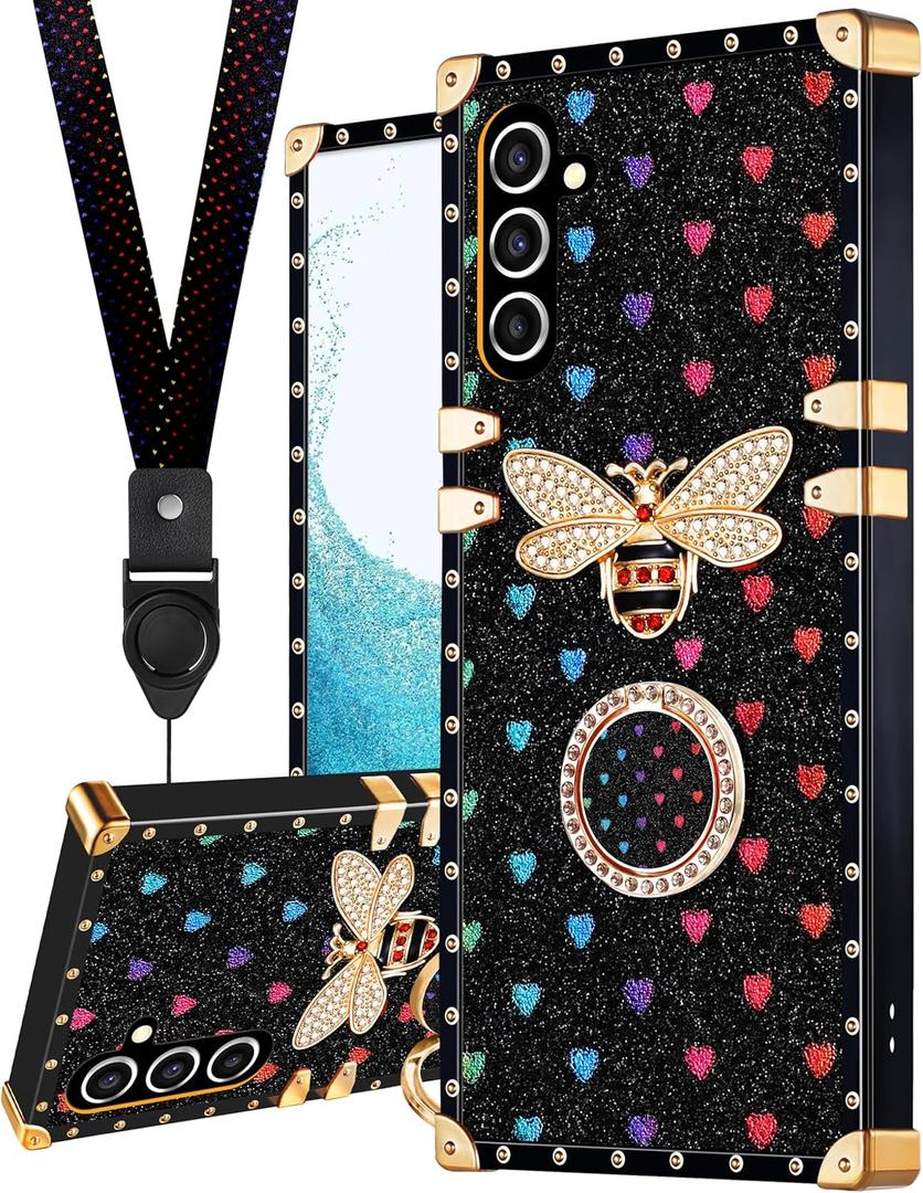 Loheckle for Samsung Galaxy S24 Case for Women Girls Teens Designer Cute Cases with Ring Stand Holder and Lanyard Stylish Aesthetics Bee Luxury Cover for S24