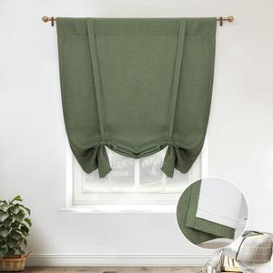 DriftAway Double Layer Linen Blackout Tie Up Curtains Thermal Insulated Fully Lined Balloon Roman Shade Bathroom Window Adjustable Rod Pocket for Small Window 39 Inch by 55 Inch Olive Green