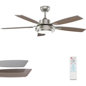 52 Inch Nickel Ceiling Fans with Lights and Remote Control for Bedroom, Modern Ceiling Fan with Quiet Reversible DC Motor, 3CCT, Dimmable, LED for Living Room, Patio, Indoor and Outdoor