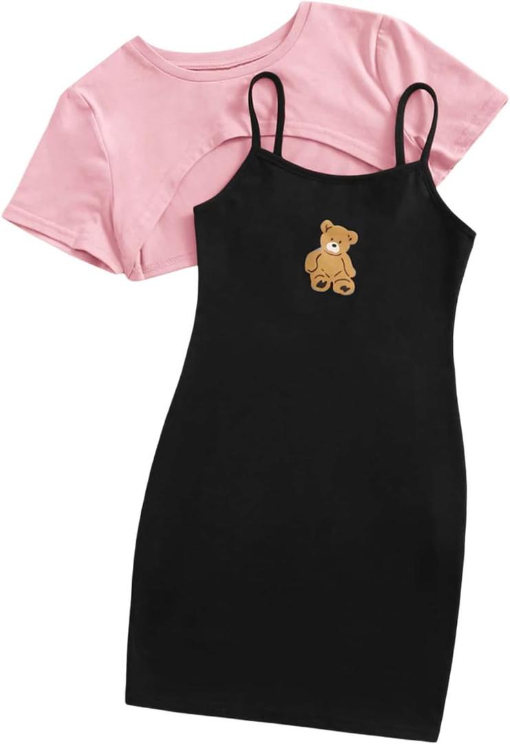 SOLY HUX Girl's 2 Piece Outfits Short Sleeve Crop Top and Cartoon Print Cami Dress Set (Pink and Black Bear)