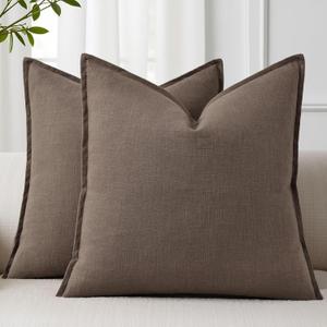 decorUhome Fall Brown Linen Throw Pillow Covers 16x16 Set of 2 | Decorative Soft Cozy Modern Farmhouse Boho Accent Pillow Cases with Flange Edges for Couch Bed Sofa Living Room Home Decor