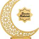 DoubleFill Golden Wooden Ramadan Table Centerpiece Crescent Moon Hollow Star Ornament for Ramadan Decor Islamic Gifts