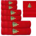 Peryiter 6 Pack Cotton Christmas Bath Towels Set Red Christmas Tree Towels Bathroom Set, Soft and Absorbent, Contains 2 Bath Cloth, 2 Hand Cloth and 2 Washcloths