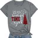 DESFSE Merry Christmas Shirts for Women Christmas Short Sleeve Tshirt Xmas Buffalo Plaid Tree Cute Graphic Print Tee Tops