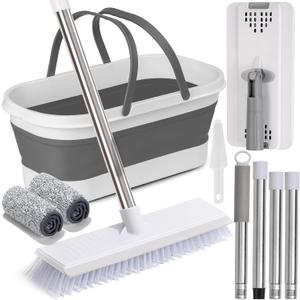 Flat Mop and Bucket Set with Heavy Duty Scrub Brush, 2 Washable Reusable Microfiber Pads, for Tile Hardwood, Wall Cleaning, Home Indoor or Outdoor Cleaning (White-Gray) (5Pcs)