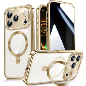 Reukdnv [Built-in Privacy Screen Protector & Invisible Ring Stand] Privacy Case for iPhone 17 Pro Max 6.9'' [Soft Bumper Full Signal] [Compatible with MagSafe] Full-Body Shockproof Clear Case, Gold