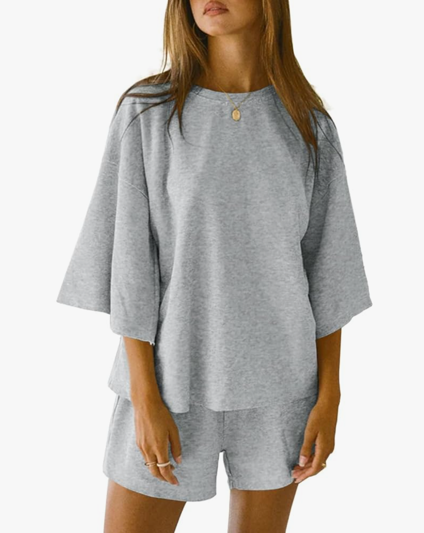 Tankaneo Womens Pajama Sets 3/4 Sleeve Oversized Tops and Elastic Waist Shorts Lounge Sets Loungewear XL