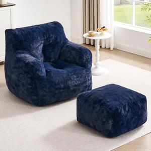 ONBRILL Giant Bean Bag Chairs for Adults with Ottoman, Faux Fur Boneless Chaise Couch Filler with Memory Foam,Large BeanBag Lounge Lazy Floor Sofa Accent Chair for Living Room,Bedroom & Game Rooms (Blue)