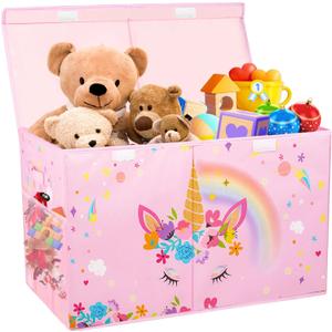 Large Toy Box, Collapsible Sturdy Kids Storage Organizer for Boys Girls, 25"x13"x16" Storage Box with Lids, Toy Chest Bins Basket for Living Room, Playroom, Nursery, Pink