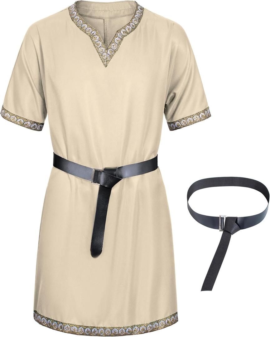 Mens Medieval Costume Viking Pirate Tunic Knight Warrior Renaissance Shirts with Belt (Medium, Beige)