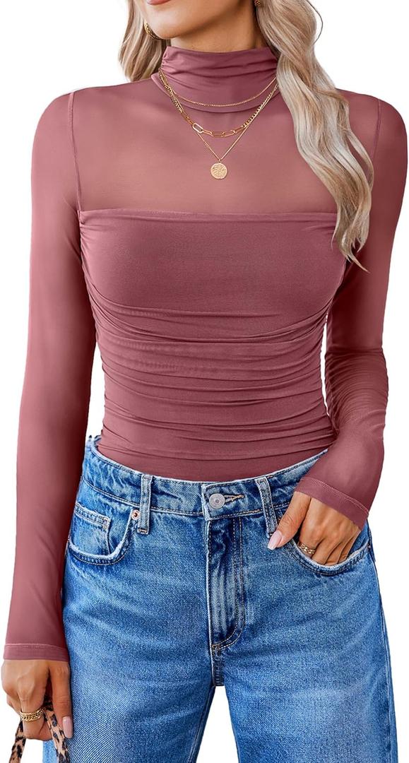 Avidlove Women Long Sleeve Bodysuit Turtle Neck Shapewear Body Suits Mesh One Piece Leotard Shirt Going Out Tops Fall Outfits (Medium, Purple)